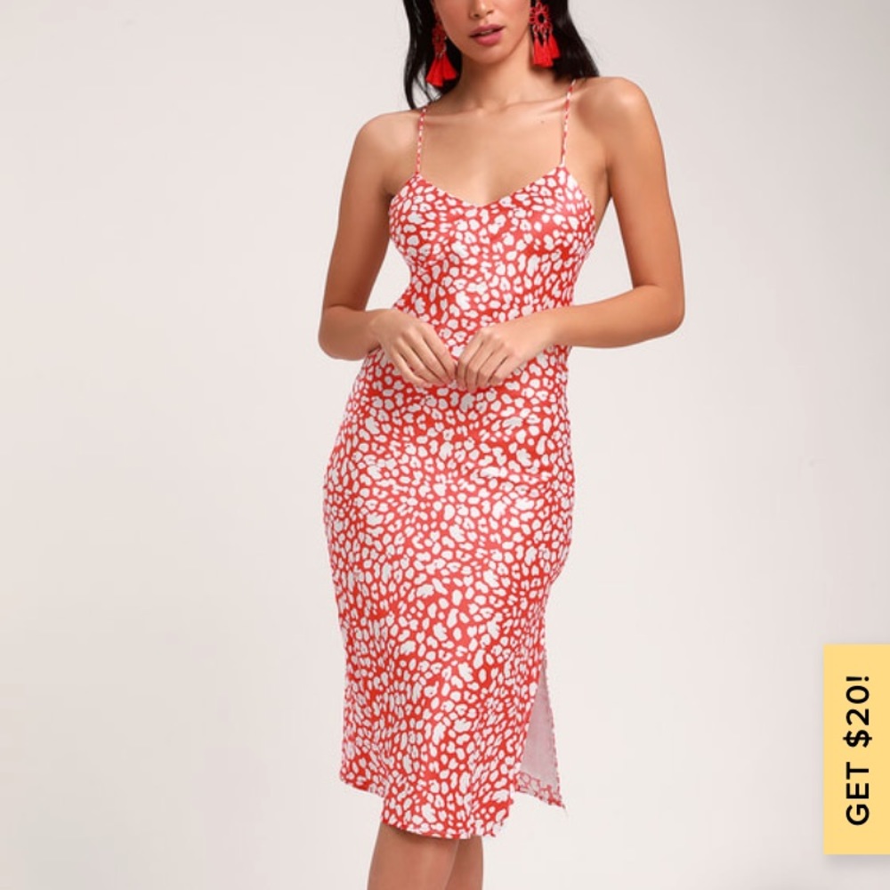 Red and white satin midi dress